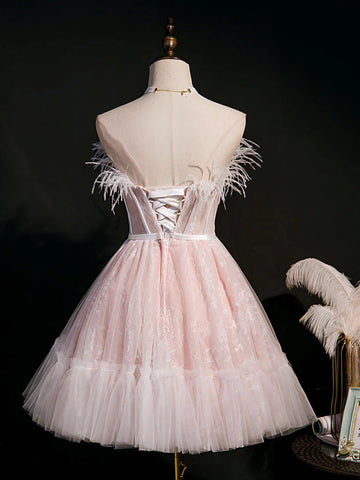 Pink Sweetheart Neck Tulle Lace Short Prom Dress Homecoming Dress HZ1023